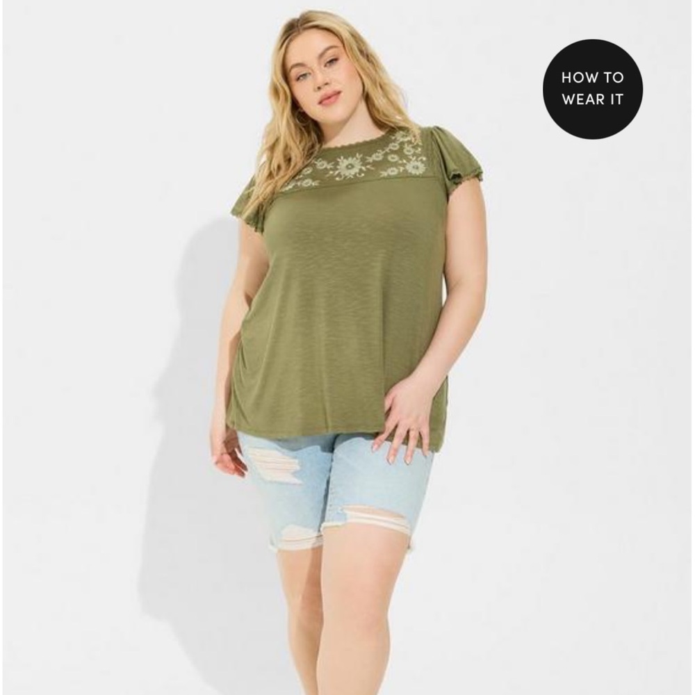 NWT Torrid Vintage Slub Embroidered Flutter Sleeve Top Olivine